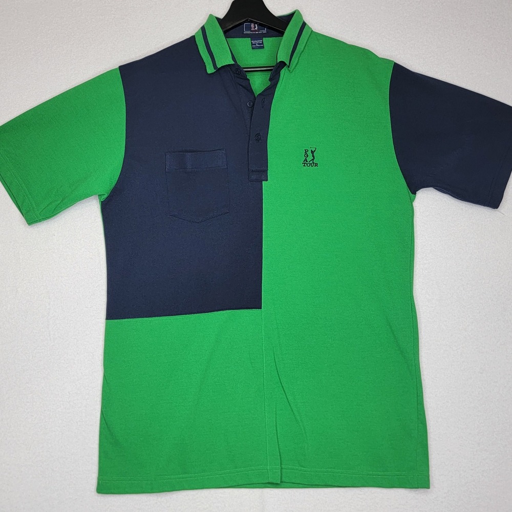 Vintage PGA Tour Ram Golf Polo Shirt Mens Large Green Navy Colorblock Pique L